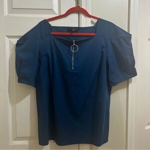 Eloquii Navy Blue Short Sleeve Blouse with Silver Zipper Accent Size 16
